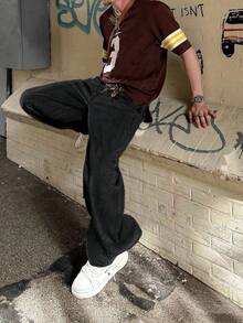 Grunge Goth Y2K 风格时尚哥特休闲直筒宽松街头运动学院摇滚年轻口袋牛仔裤，男士四季皆宜 - 黑色 - 查看 3