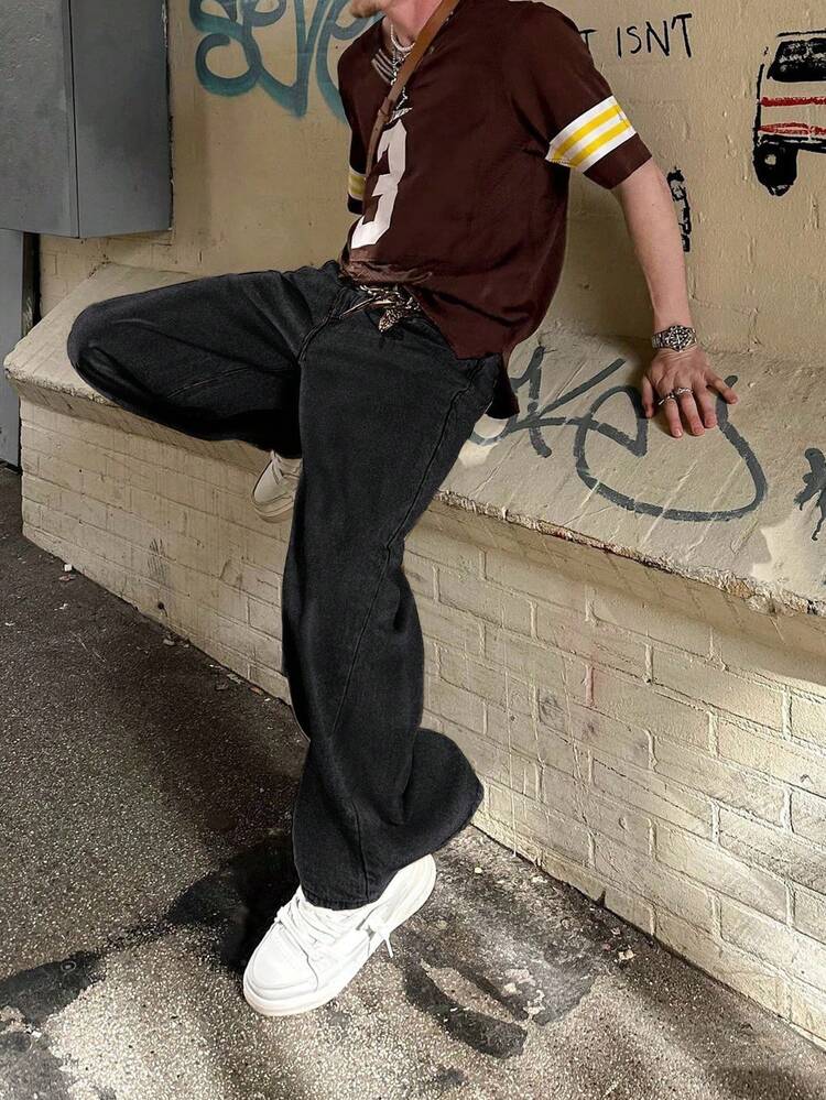 Grunge Goth Y2K 风格时尚哥特休闲直筒宽松街头运动学院摇滚年轻口袋牛仔裤，男士四季皆宜 - 黑色 - 查看 2