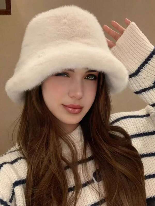 1pc Women's Faux Fur Deer Velvet Bucket Hat, Warm And Comfortable Fashion Decor For Winter