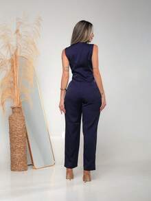 Women's Tailored Jumpsuit With Button At The Front C3154 - Navy Blue - View 2