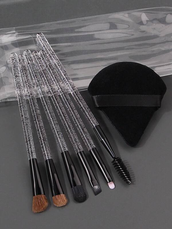 7pcs Glitter Handle Makeup Brushes Set: Eyelash Brush, Eyebrow Brush, Eyeshadow Brush, Nose Contour Brush, Blending Brush, Detail Brush, Soft Sponge Powder Puff, Professional Cosmetic Tools For Dry & Wet Use