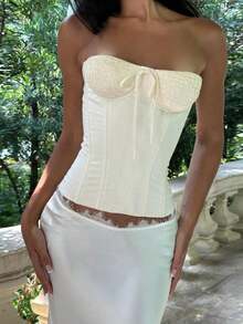 Women's Smocked Tube Tops Summer Fashionable Solid Color Off Shoulder Sleeveless Slim Fit Shirt - 香檳色 - 查看 2