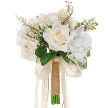 Handheld Artificial Rose Bouquet, White And Champagne, Bridal And Bridesmaid Decoration (White/Champagne, Regular Size) - Many - View 6