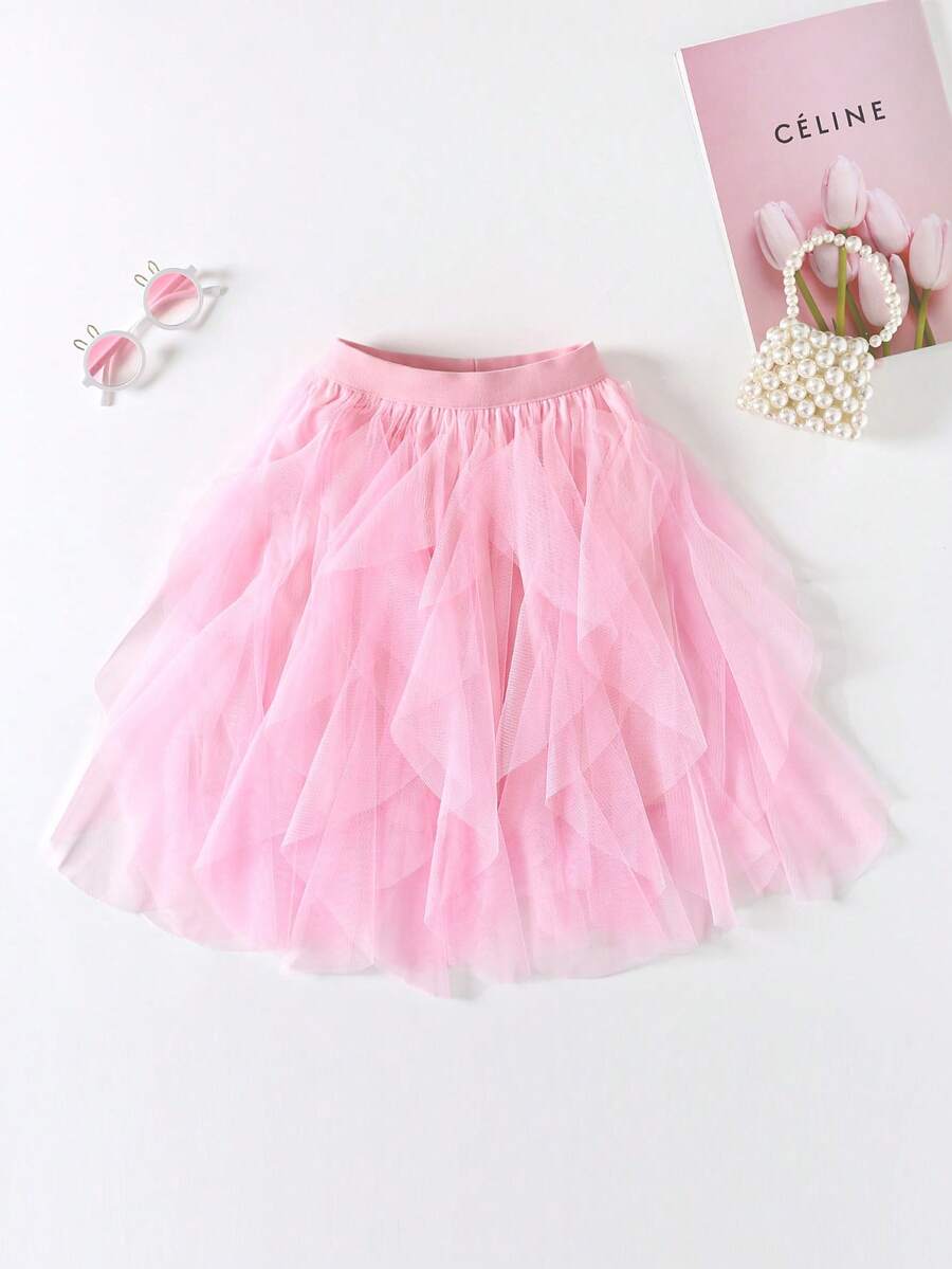 1pc Women's Asymmetrical Layered Ruffle Mesh Tulle Skirt, Cake Skirt - Pink - View 1