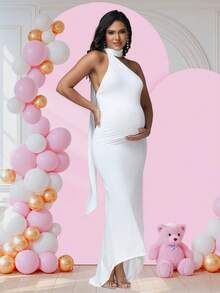 JustVH Vestido largo asimétrico con cuello fruncido y espalda descubierta con lazo para embarazadas, baby shower, sesión de fotos, fiesta, color blanco primaveral - Blanco - Ver 6