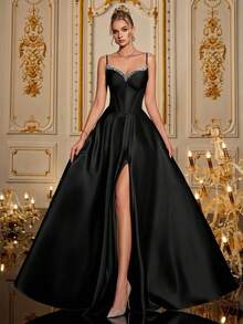 Alluring Black Spaghetti Strap High Slit Long Dress, Adorned With Hand-Embellished Rhinestones, Suitable For Elegant Ladies' Party Dress, Formal Evening Gown, Wedding Guest Dress, Appropriate For Graduation Ceremony, Banquet, Formal Attire Spring - Black - View 7