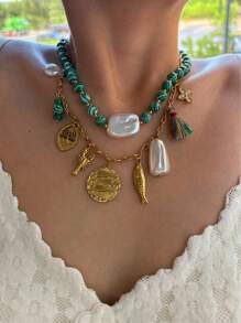 Monlansher 新款女士串珠多吊坠项链，镶嵌绿石珠、珍珠、椰子树、鱼和圆盘饰物，不锈钢吊坠项链，时尚奢华女士项链 - 金色 - 查看 11