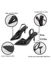 女士小猫跟高跟鞋，尖头漆皮细高跟鞋，红色婚鞋，伴娘鞋，百搭优雅成熟女士踝带凉鞋 - 黑色 - 查看 5