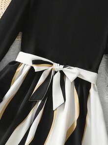 Girls' Patchwork Geometric Print Fitted Tie-Waist Long Sleeve Casual Elegant Dress, Suitable For Daily Wear, Parties And Casual Outings