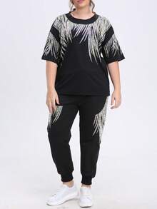 Two Piece Outfits For Women Black Short Sleeve T Shirts Oversized Rhinestones Graphic Drawstring Joggers Pants Casual Summer Sets Going Out - 黑色 - 查看 2