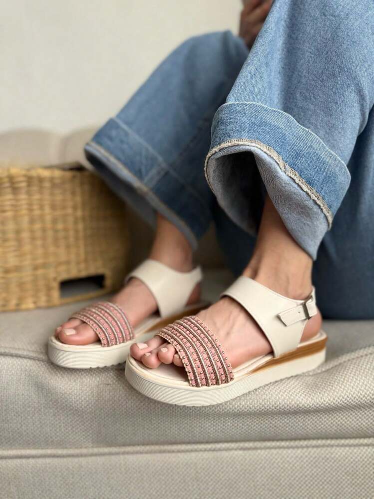 sandalias mujer bajas estilo Moda punta cuadrada dos hebillas 22-26 mx variedad de colores estilos negro camel cómodos al caminar para exteriores, suela antideslizante - Blanco - Añade 1