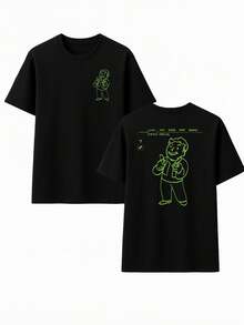 Fallout Vault Boy Graphic Tee , Men's Double-Sided Printed Fashionable Casual Crew Neck 220gsm Pure Cotton T-Shirt(1 PC) - 黑色 - 查看 3
