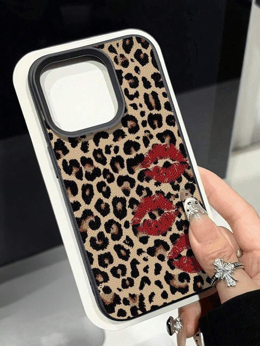 1pc Cute Vintage Leopard Print, Cherry Heart Pattern, Litchi Texture Anti-Drop Anti-Slip Soft Phone Case, Compatible With Apple And Phones Waterproof Shockproof Scratch Resistant - Multicolor - View 1