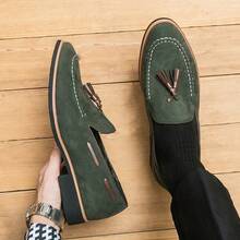 Men's English Frosted Leather Oxford Shoes, Dress Loafers, Business Casual Pointed Toe Fringed Loafers - 綠色 - 查看 8