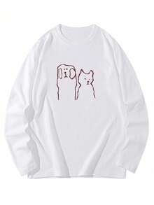 Women's Loose Fit Cartoon Print Long Sleeve Cotton T-Shirt, Versatile For Spring And Autumn