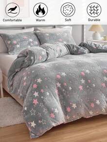 2/3 件星星图案蓬松毛绒夜光羽绒被套套装，冬季柔软温暖床上用品套装，可爱纯色被套，卧室装饰，（1 个羽绒被套 + 1/2 个枕套，无填充物） - 灰色 - 查看 6