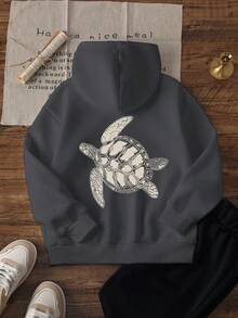 1 قطعة بلوزة كاجوال للفتيات المراهقات مطبوعة بسلحفاة البحر، عناصر ساحلية، ملابس طالبة شابة، كم طويل من الفليس السميك، خريف/شتاء - رمادي غامق - مشاهدة 4