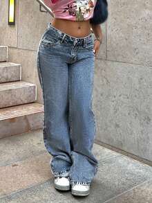 Fashionable Millennium Style Casual Women's Classic Light Color Embroidered Back Pocket Straight Leg Long Jeans - Rửa tối - Xem 7