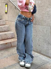 Fashionable Millennium Style Casual Women's Classic Light Color Embroidered Back Pocket Straight Leg Long Jeans - Rửa tối - Xem 2