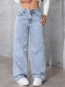 Tween Girls' Pocket Flare Loose Casual Daisy Embroidered Jeans