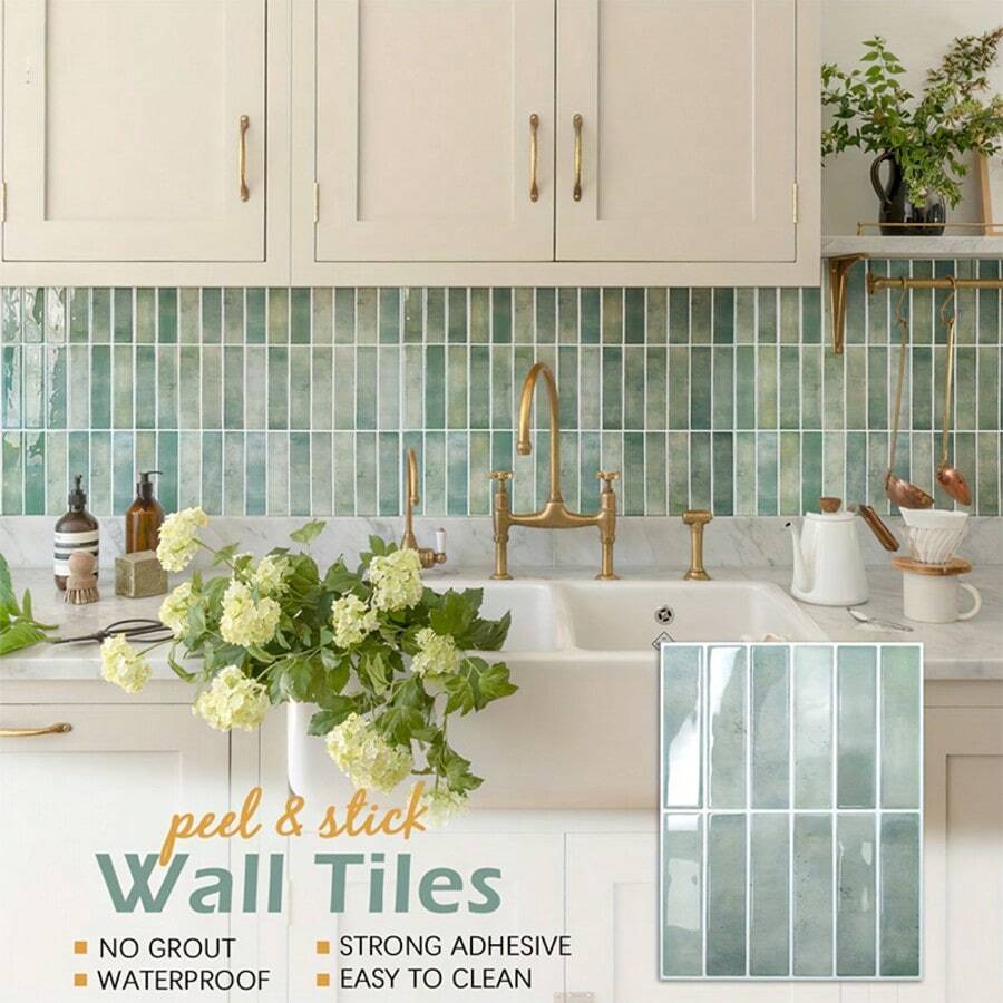 1/10/30/50 miếng dán gạch 2D, miếng dán gạch màu xanh lá cây có thể bóc ra và dính, miếng dán gạch chống thấm nước và chống bắn nước cho nhà bếp, miếng dán tường phòng tắm. - Màu xanh Bạc hà - Xem 1