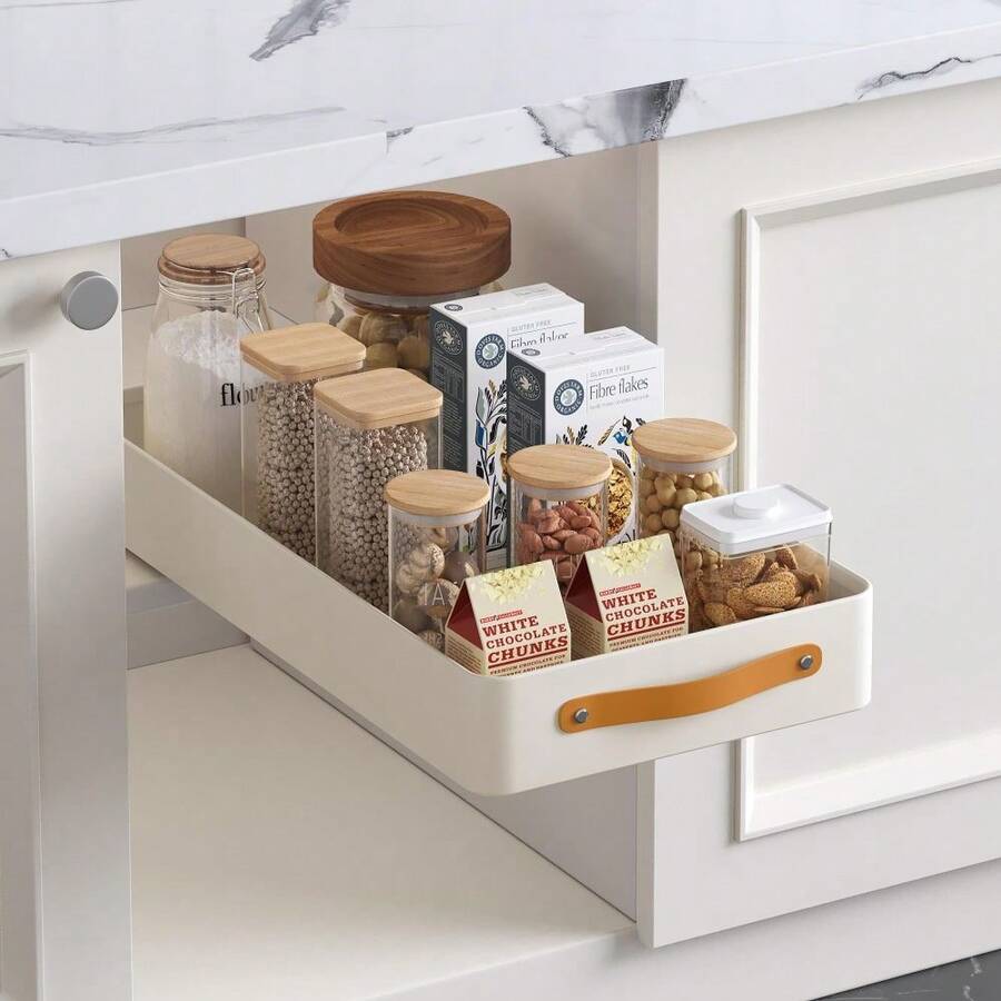 Telescopic Drawer With Handle & Adhesive, Extendable Drawer For Kitchen Cabinets, Spice Rack, Drawer Organiser, Kitchen Storage Shelves For Kitchen, Bathroom, No Drilling - 25*48CM - View 1