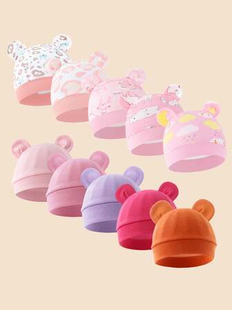 4pcs Set Of Infant And Toddler Hats For Spring And Autumn, Baby Bonnets, Newborn Caps, Hats For Girls, Soft Fabric, Cute Little Ears Design, Suitable For Daily Wear In All Seasons, Suitable For 0-6 Month Old Children