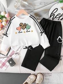 青少年女孩卡通印花圆领运动衫和运动裤套装 - 白色 - 查看 1