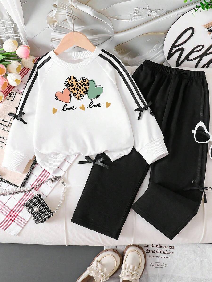 青少年女孩卡通印花圆领运动衫和运动裤套装 - 白色 - 查看 1
