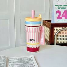 Portable Coffee Mug With Straw, Insulated Mug, Creative Stainless Steel Cold Water Mug 550ml - BWB6135 Pink - View 1