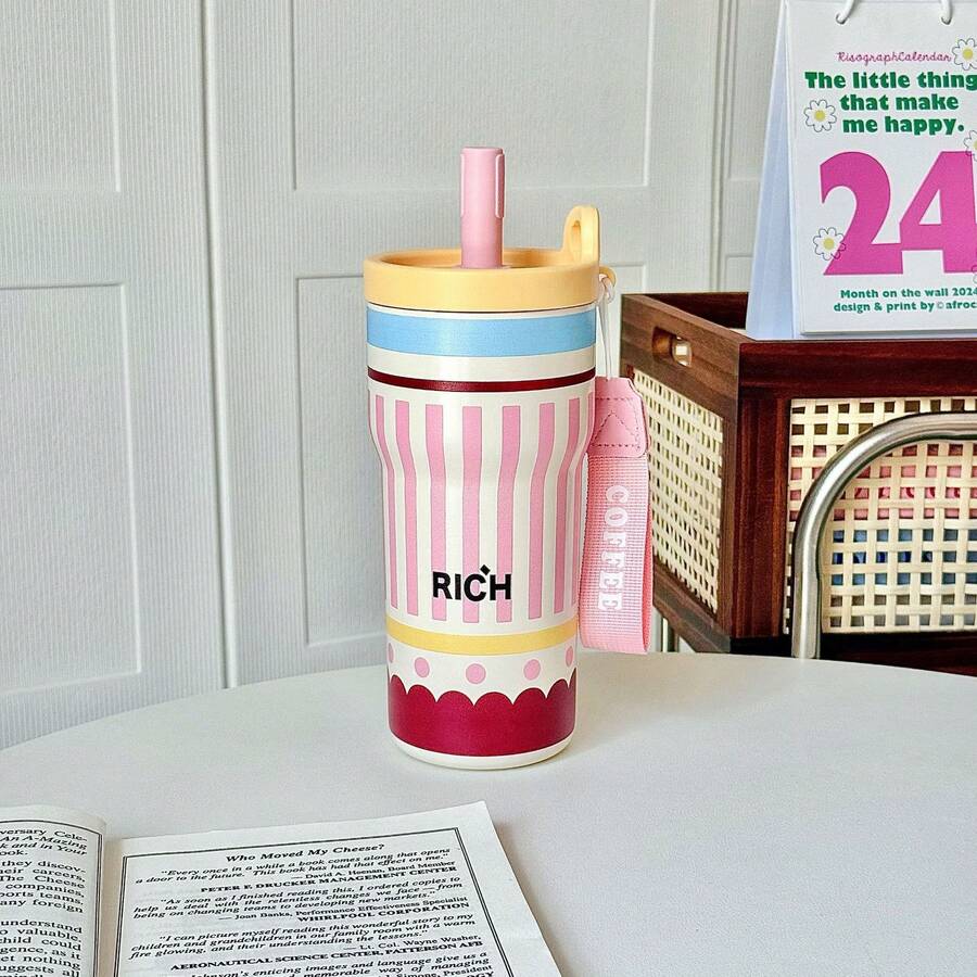 Portable Coffee Mug With Straw, Insulated Mug, Creative Stainless Steel Cold Water Mug 550ml - BWB6135 Pink - View 1