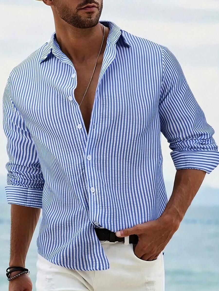 Áo sơ mi nam cổ bẻ sọc đơn giản thời trang thường ngày cỡ lớn, tay dài cài nút, trang phục thoải mái cho mùa xuân và mùa thu, trang phục đi làm thường ngày thiết yếu, áo phong cách tối giản - Màu xanh nhạt - Xem 1