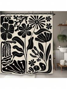 Black Matisse Flower Shower Curtain, Vintage Abstract Floral Leaves Aesthetic Retro Art 70s Modern Bathroom Set Accessories Decor With Hooks - Matisse Đen - Xem 3