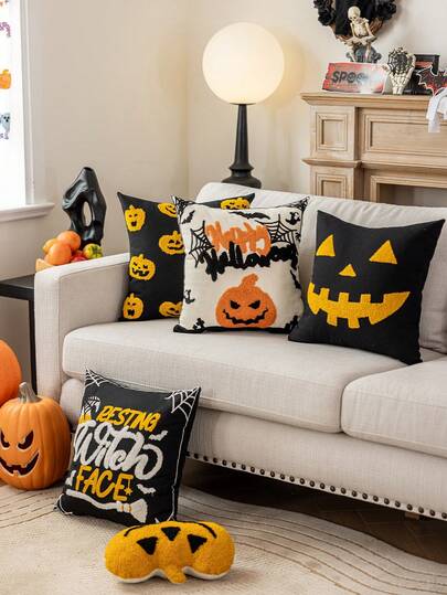 1pc Halloween Ghost& Witch& Spider& Pumpkin Exquisite Embroidery Cushion Pillowcase, Decorated For Multiple Room Types And Sizes, Machine Washable, Zipper Closure, No Pillow Core Home Decor Halloween Decor Room Decor Pillow Case Pillow Cases Cushion Cover Cushion Covers