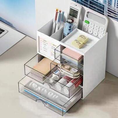 1pc Office Desk Organizer Box With Multiple Compartments And Drawers - Plastic Makeup Storage Box, Desktop Pen Holder For School, Home, And Office Supplies, Space-Saving Multi-Compartment Organizer, Ultra-Functional Desk Tray, Keeps Accessories Neat And Accessible, Stylish Yet Practical Storage Solution For Dresser Tops And Desks, Ideal Gift For Valentine's Day And Mother's Day, Enhances Workspace Organization And Visual Appeal