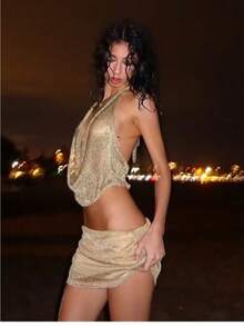 European & American Style 2025 Spring-Summer New Arrival Women's Outfit - Sexy Layering Solid Color Lurex Halter Top With Bodycon Skirt, 3-Piece Set - 金色 - 查看 4