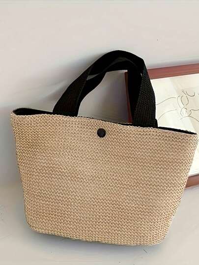 1pc Bohemian Style Large Woven Tote Bag - Spacious Black Handbag With Magnetic Closure, Durable Fabric For Beach, Camping & Outdoor Adventures, Women'S Ideal Choice, Secure Travel Tote|Bohemian Bag|Magnetic Closure,Fabric Construction, Beach Bag, Perfect For Camping, Beach Vacations & Outdoor Storage, Beach Accessory