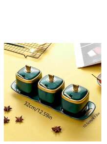 Condiment Jar With Lid And Spoon Spice Container, Clear, Green, White, Condiment Jar Seasoning Jar Salt Container Sugar Jar, Kitchen, Counter, Food Storage, 1 Tray +4 Jars, 1 Tray +3 Jars, Thanksgiving Day Gift, Harvest Festival, Family Dinner