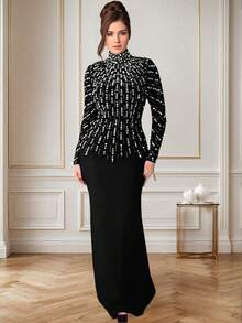 Đầm dài tay cổ tròn cao màu đen lấp lánh đính đá, thanh lịch, sang trọng, ôm sát, thích hợp cho nữ dự tiệc tối, dạ hội, sinh nhật, đám cưới, mùa xuân. - màu đen - Xem 2