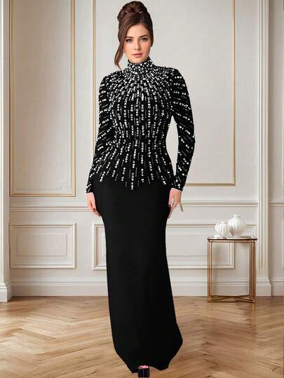 黑色高圆领长袖闪亮水钻优雅华丽紧身长裙，女士正式晚宴舞会生日婚礼派对春季款