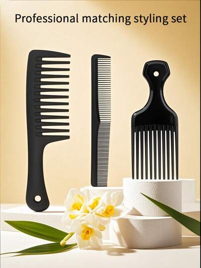 三件套专业美发造型梳套装，包含蓬松梳、尖尾梳和边缘梳，沙龙级造型梳，双面尖尾梳可用于分缝、倒梳、解结和打造柔顺发型，适合女性使用，套装包含宽齿梳、尖头梳和口袋细齿梳，多功能梳子套装，适合浓密、卷曲的非洲裔发质。