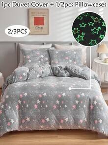 2/3 件星星图案蓬松毛绒夜光羽绒被套套装，冬季柔软温暖床上用品套装，可爱纯色被套，卧室装饰，（1 个羽绒被套 + 1/2 个枕套，无填充物） - 灰色 - 查看 1