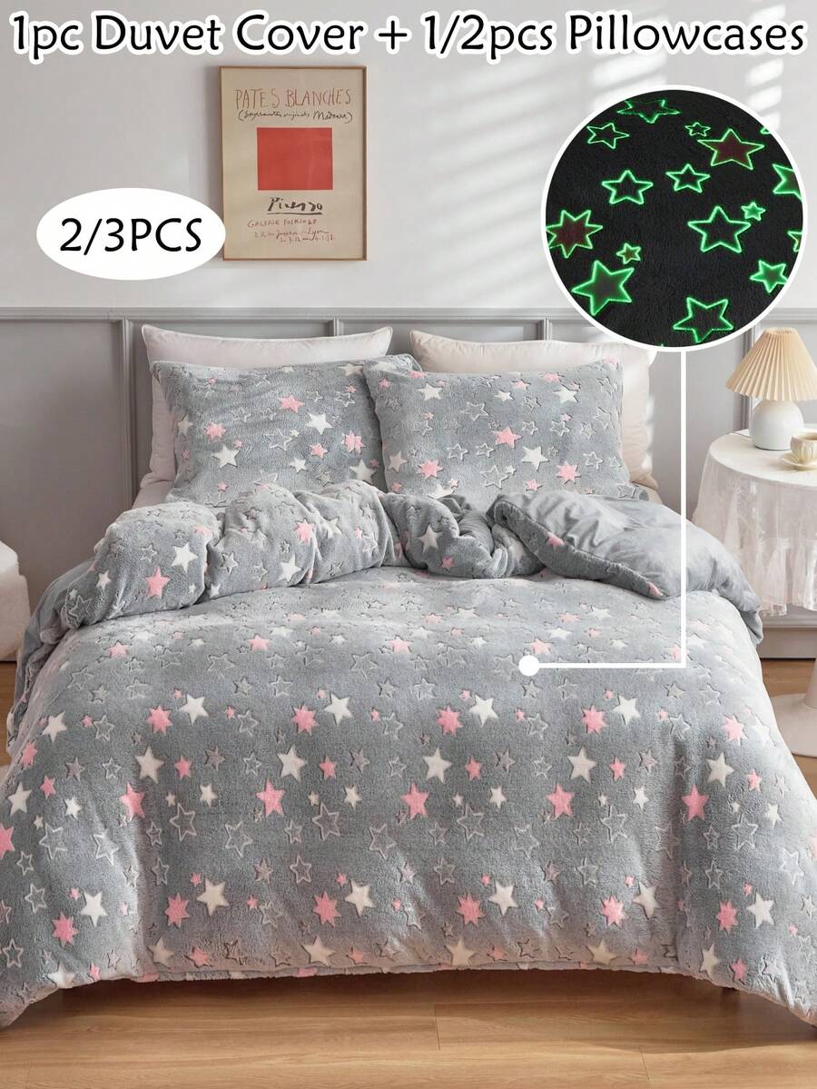2/3 件星星图案蓬松毛绒夜光羽绒被套套装,冬季柔软温暖床上用品套装,可爱纯色被套,卧室装饰,(1 个羽绒被套 + 1/2 个枕套,无填充物) - 灰色 - 查看 1