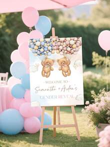 个性化名字泰迪熊性别揭晓欢迎牌，男宝宝或女宝宝派对装饰模板，波西米亚水彩小熊与气球，婴儿派对海报，无框，旅行收纳包 - 彩色 - 查看 4