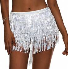Halloween  Halloween Essentials  Party Limited Edition  Women's Belly Dance Scarf Skirt Sparkly Tassel Disco Outfits Sequin Wrap Rave Costumes Fringe Skirt - 銀牌 - 查看 1