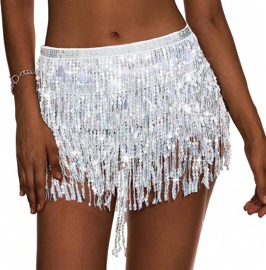 Halloween Halloween Essentials Party Limited Edition Women's Belly Dance Scarf Skirt Sparkly Tassel Disco Outfits Sequin Wrap Rave Costumes Fringe Skirt - 銀牌 - 查看 1