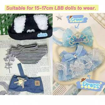 4pcs/Set 10-17cm Doll Princess Dress, Denim Striped T-Shirt Outfit Clothes For Labubu, Labobo Dolls Generation 1-3 Accessories, Suitable For 15-17cm Labubu And 10cm Dolls (Doll Clothes Only)
