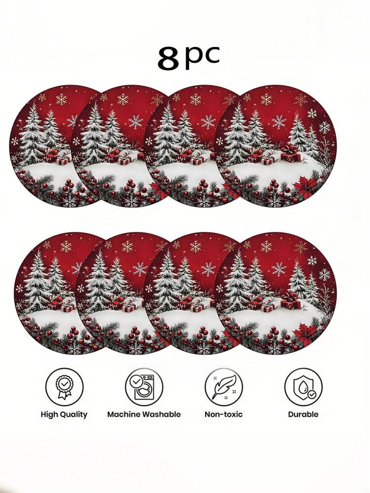 4/6/8pcs Christmas Snowflake Pattern, Non-Slip Heat Resistant, 13.8inch Christmas Decorative Placemats, Perfect Choice For Holiday Dining And Home Decor, Polyester Round Placemats, Woven, Non-Slip, Washable, Suitable For Holiday Dining And Home Decor, Durable - Multicolor - View 9