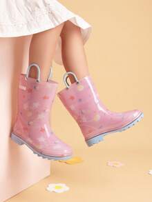 Kids' Waterproof Rain Boots Lightweight Pull-On Toddler Boots With Handles For Girls & Boys Cute Playtime Outdoor Shoes Pink - 粉色 - 查看 2