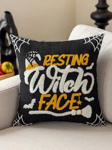 1pc Halloween Ghost& Witch& Spider& Pumpkin Exquisite Embroidery Cushion Pillowcase, Decorated For Multiple Room Types And Sizes, Machine Washable, Zipper Closure, No Pillow Core Home Decor Halloween Decor Room Decor Pillow Case Pillow Cases Cushion Cover Cushion Covers